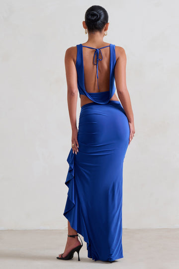 La Belle Blue Ruffle Maxi Skirt With Thigh Split